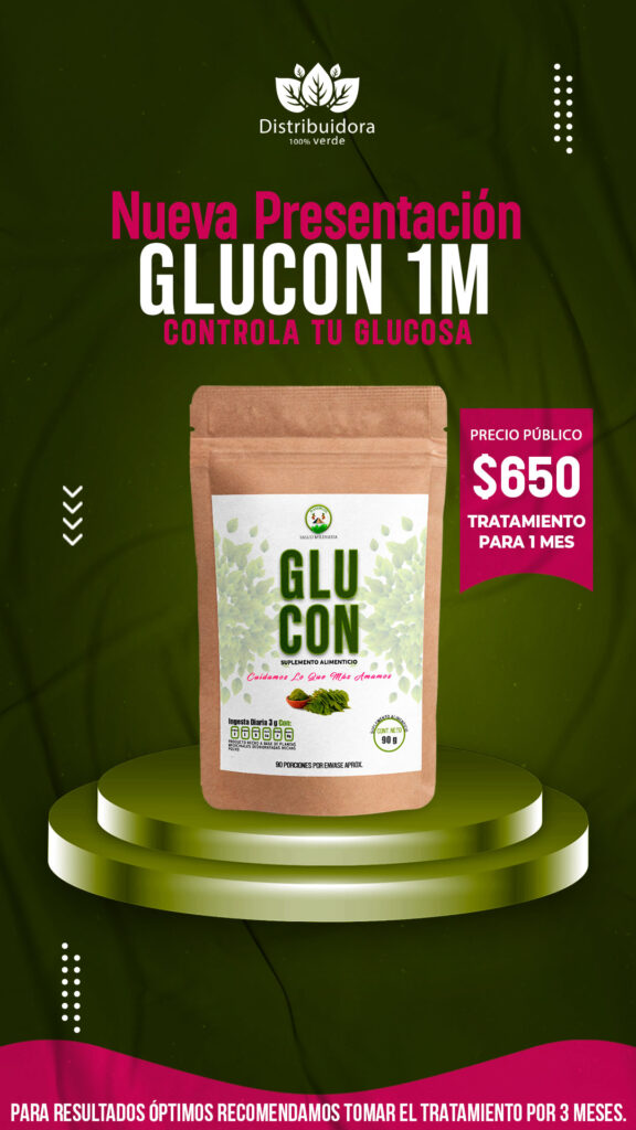 Sobre con Glcon en polvo tratamiento para un mes con precio de $650 pesos.